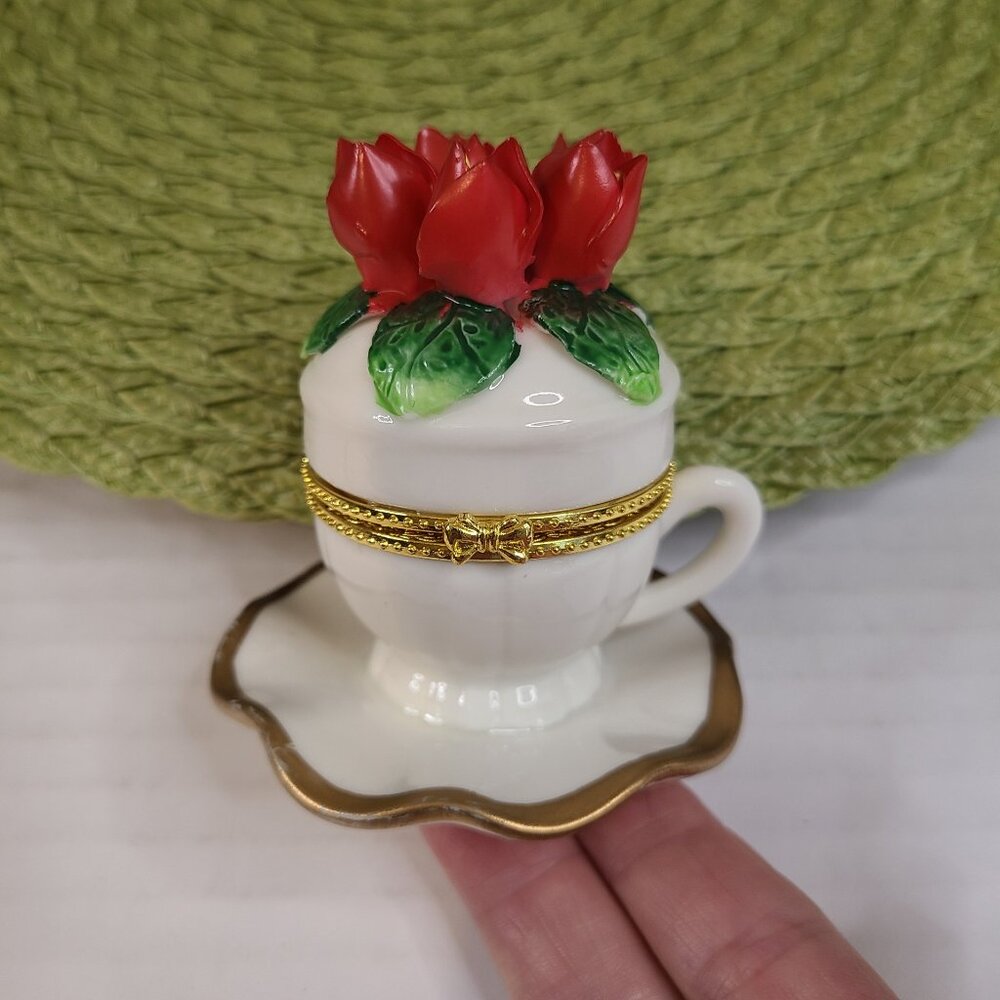 Porcelain Teacup with Red Flowers Trinket Box